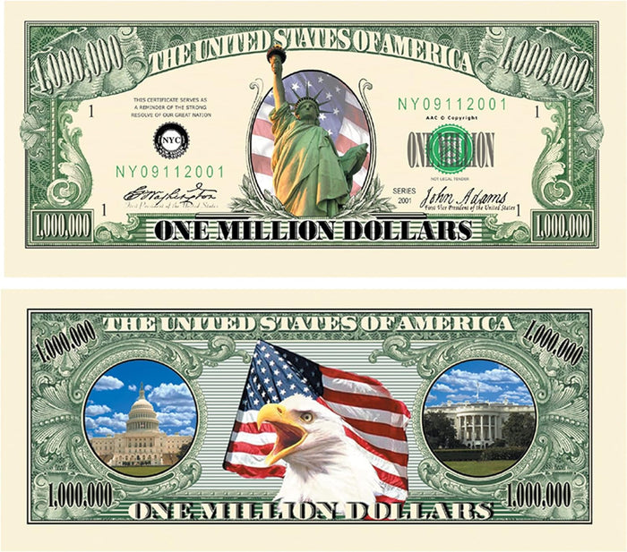 100 TOTAL One Million Dollar Color Statue Liberty Money Bills Party Fake Novelty