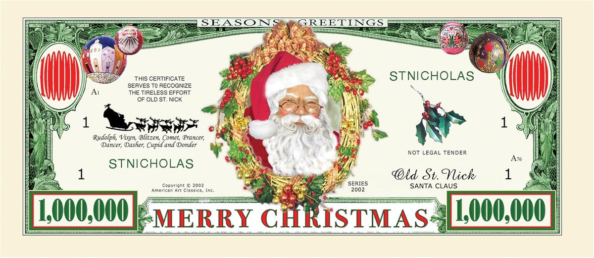 A depiction of novelty currency showcases Santa Claus at the center, adorned with holiday decorations, alongside the words "Merry Christmas" and a denomination of one million dollars, making it an ideal party favor. Featured in: 100 TOTAL - Million Dollar Santa Claus Dollar Merry Christmas Holiday Gift Bills.