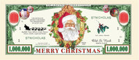 A depiction of novelty currency showcases Santa Claus at the center, adorned with holiday decorations, alongside the words "Merry Christmas" and a denomination of one million dollars, making it an ideal party favor. Featured in: 100 TOTAL - Million Dollar Santa Claus Dollar Merry Christmas Holiday Gift Bills.