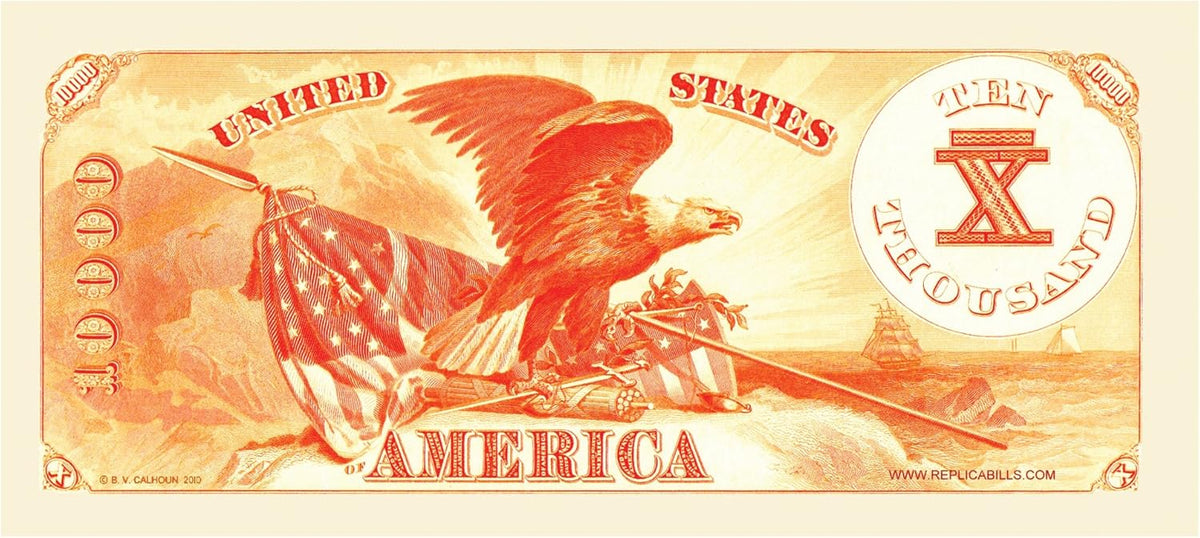 The design features an orange currency note showcasing an eagle, the American flag, cannons, and a ship. This piece of novelty money resembles a party favor gift with the text "United States of America" and "Ten Thousand," as found on the $10,000.00 Ten Thousand Dollar Gold Certificate Novelty Bill Play Money.