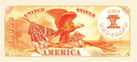 The design features an orange currency note showcasing an eagle, the American flag, cannons, and a ship. This piece of novelty money resembles a party favor gift with the text "United States of America" and "Ten Thousand," as found on the $10,000.00 Ten Thousand Dollar Gold Certificate Novelty Bill Play Money.