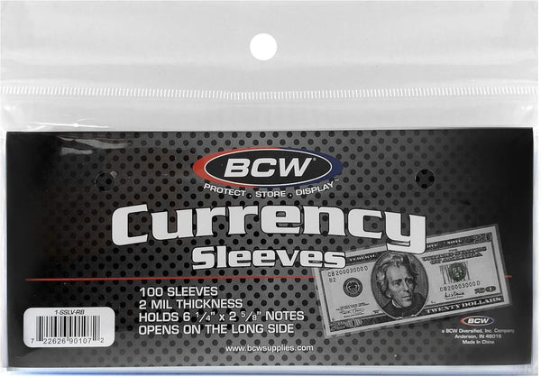 100 Pack of BCW Regular Bill Currency Sleeves made from archival-safe polypropylene for 6 1/4" x 2 5/8" notes, featuring a premium 2 mil thickness to protect your novelty money.