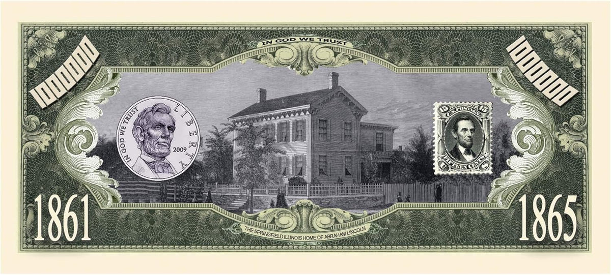 The 100 - President Abraham Lincoln Million Dollar Novelty Money Patriotic Bills feature a unique design of Abraham Lincoln, complete with images of a house, coin, and postage stamp. Featuring the years "1861" and "1865," they are perfect as promotional gifts.