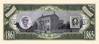 Artistic depiction of a novelty million-dollar bill, named "1000 - President Abraham Lincoln Million Dollar Novelty Money Patriotic Bills," featuring a historical home, Abraham Lincoln, and the years 1861 and 1865, all framed with an ornate green border.