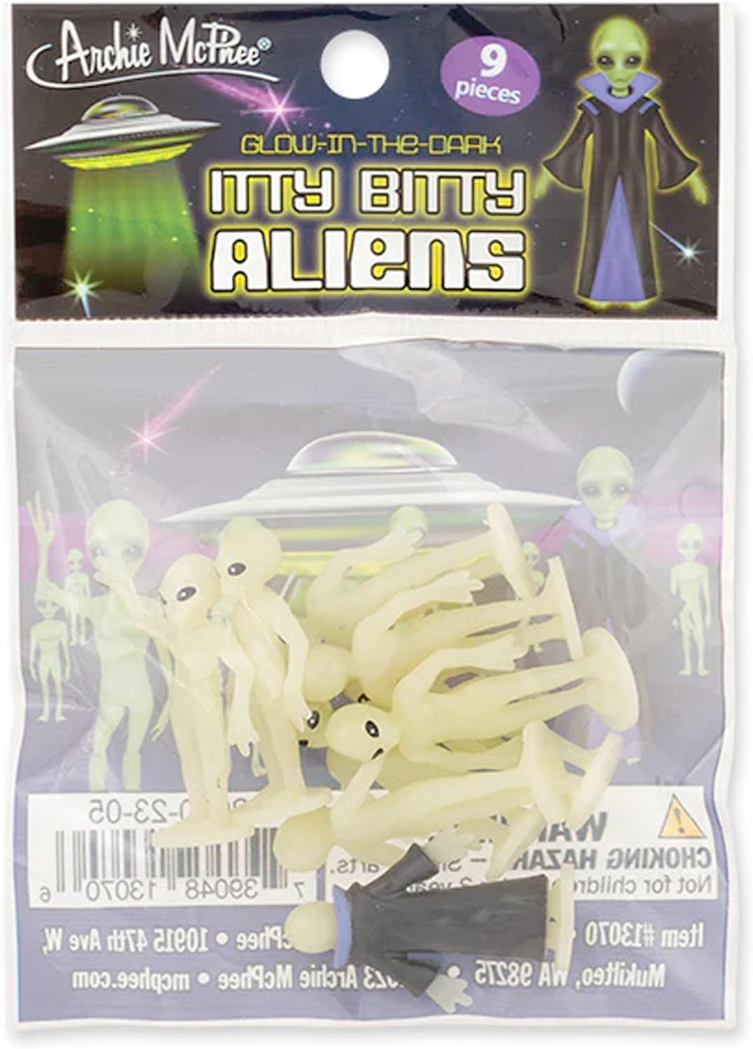 Itty Bitty Aliens (Bag of 9) Glow in Dark Statue UFO Figurines - Archie McPhee