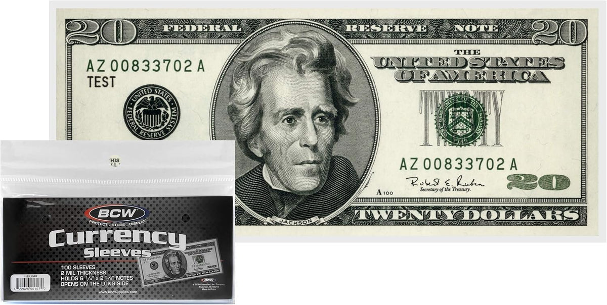 Next to a $20 bill adorned with Andrew Jackson's portrait is a package labeled "100 Pack - Regular Bill Currency Sleeves," designed to preserve your novelty money with archival-safe polypropylene protection.