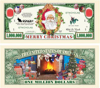 This set of 100 Million Dollar Santa Claus Dollar Merry Christmas Holiday Gift Bills is perfect as a party favor gift. Each bill features Santa Claus and holiday decorations, with "Merry Christmas" and "One Million Dollars" prominently displayed, adding a festive touch to any celebration.