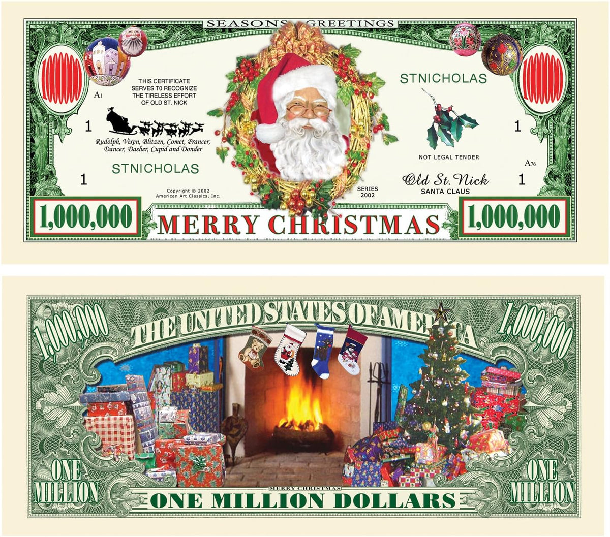 These Million Dollar Santa Claus Holiday Bills, featuring a joyful scene with Santa and a cozy, decorated fireplace, make the perfect addition to your holiday party favors.