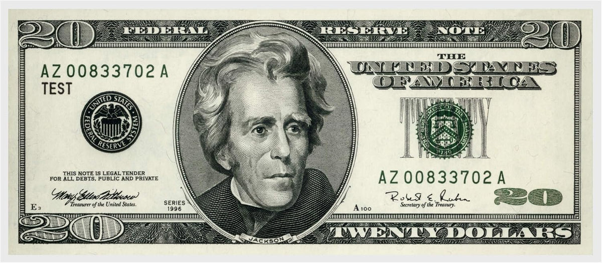 A portrait of Andrew Jackson on a U.S. twenty dollar bill can be kept in pristine condition by using archival-safe polypropylene currency sleeves from the 100 Pack - Regular Bill Currency Sleeves, designed to protect your novelty money.