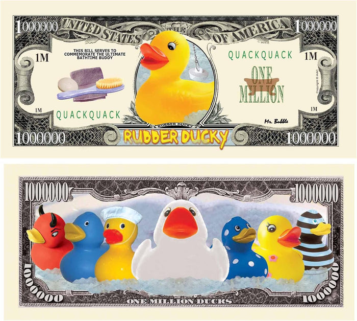 Introducing our 10-pack of Rubber Ducky Million Dollar Collectible Novelty Bills—a perfect party favor gift featuring a rubber duck and ducks in various costumes. These "Funny Money" bills labeled as "One Million Ducks" add a splash of fun to any event!