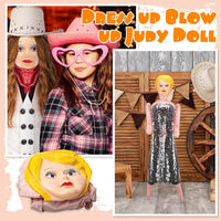 A display featuring an "Inflatable Judy" from the Inflate a Date collection, showcasing various outfits like a cowboy hat and sequin dress, alongside the life-size inflatables collection.