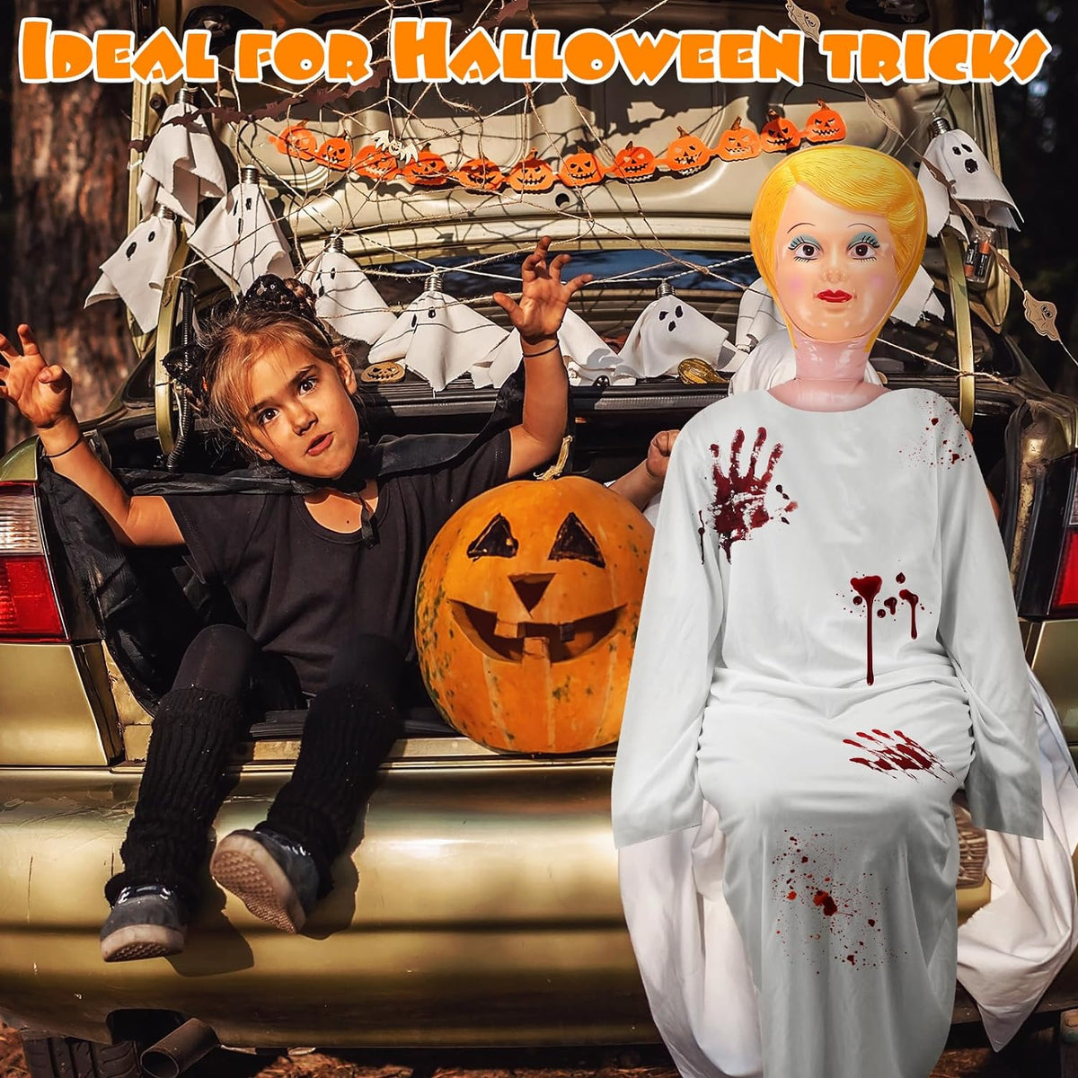 A child in a black costume poses with a carved pumpkin and an Inflatable John from the "Inflatable Judy + John Inflate a Date Bachelor/Bachelorette Party Blow Up Dolls" set, inside a car trunk adorned with bats and ghosts. Text reads "Ideal for Halloween tricks.