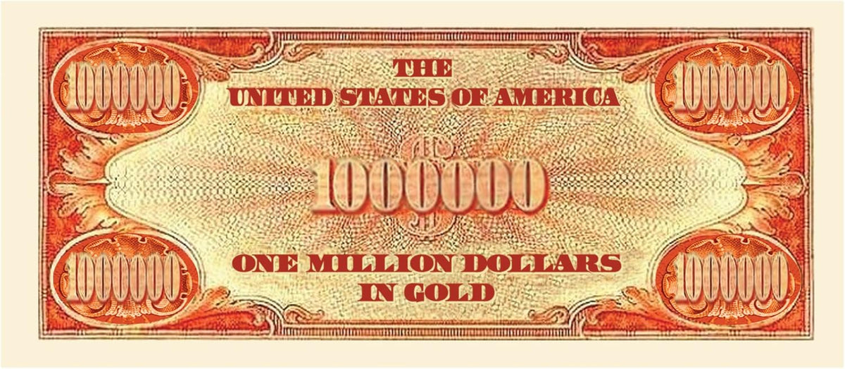 A vibrant illustration of a Ronald Reagan Gold Certificate, labeled "The United States of America One Million Dollars in Gold," from the "Thanks A Million" Ronald Reagan Dollar Gold Certificate Banknote Bills set, makes for perfect novelty money bills as party favor gifts.