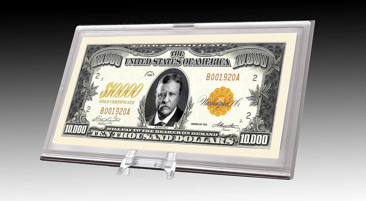 A $10,000 gold certificate featuring a portrait of Salmon P. Chase, elegantly housed in a DELUXE Currency Slab Dollar Bill Plastic Case for enhanced protection.