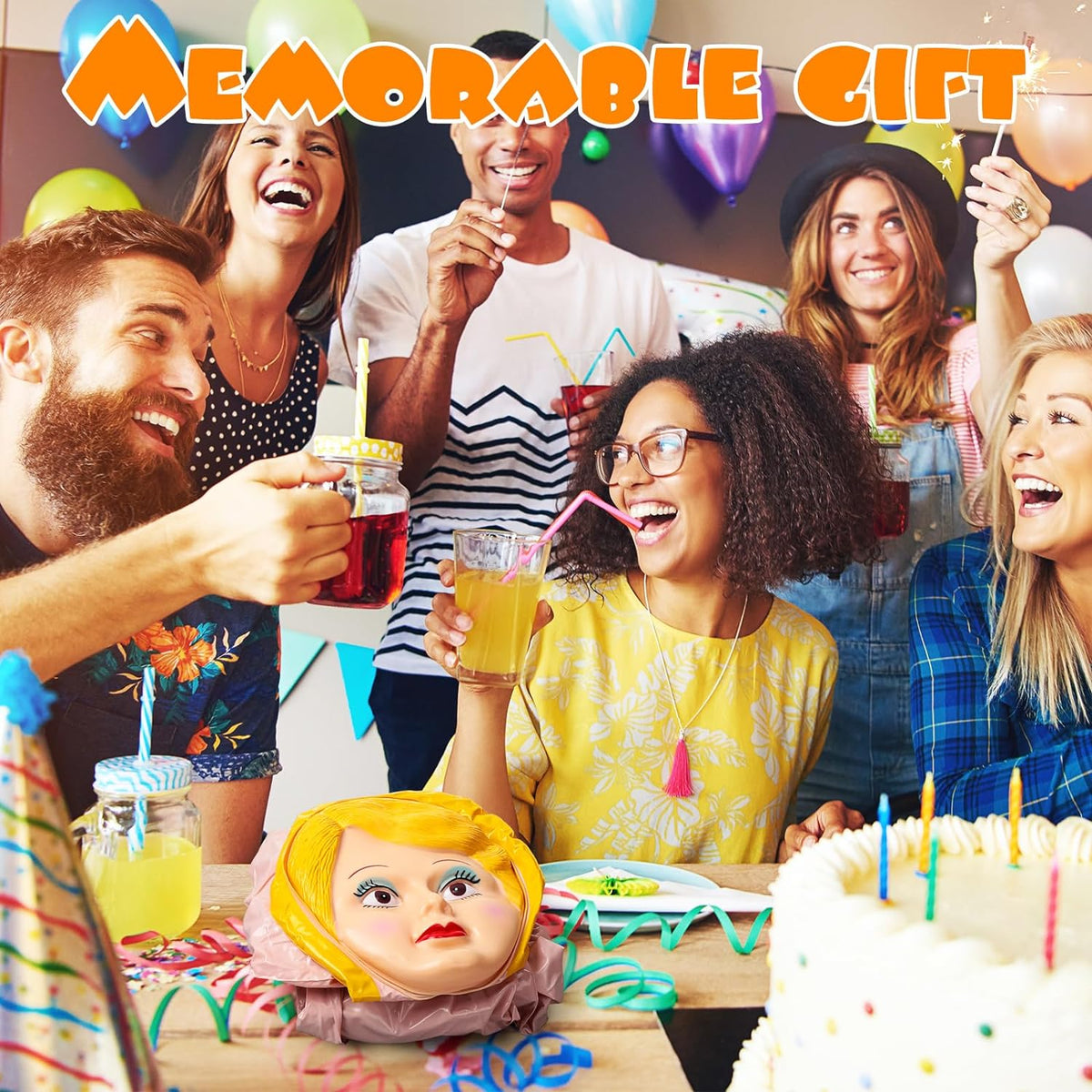 A group of friends enjoying drinks and sweets at a party, with a uniquely designed cake on the table surrounded by vibrant decorations and life-size Inflatable Judy + John Inflate a Date Bachelor/Bachelorette Party Blow Up Dolls. The text reads "Memorable Gift.