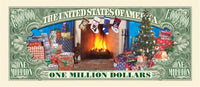 The "100 TOTAL - Million Dollar Santa Claus Dollar Merry Christmas Holiday Gift Bills" feature a one million dollar note decorated with a cozy fireplace, stockings, Christmas tree, and gifts. These novelty bills are perfect party favor gifts that bring holiday magic to any celebration.