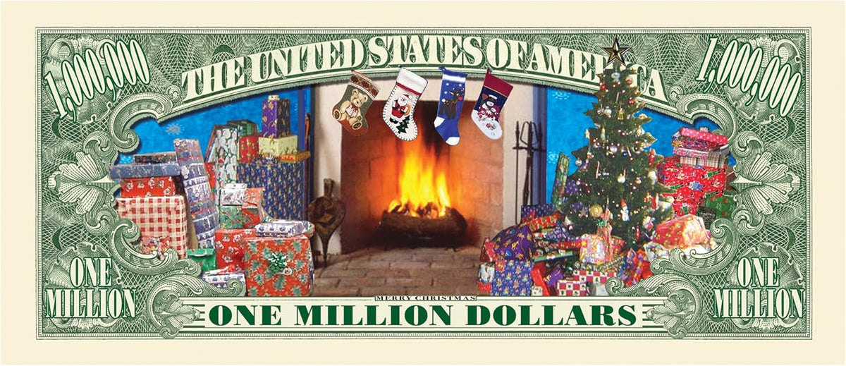 The Million Dollar Santa Claus Dollar Merry Christmas Holiday Bills, available in a set of 1000, showcase a festive design with a cozy fireplace adorned with stockings, a Christmas tree, and many wrapped gifts. The delightful presence of Santa Claus makes them an ideal choice for holiday party favors.