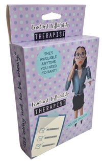 Box of "Inflatable Blow Up Therapist - RANT ANYTIME," a perfect novelty gift featuring a cartoon woman with a speech bubble saying, "She's available anytime you need to rant!" Ideal as a gag gift to bring smiles and laughter in times of stress.