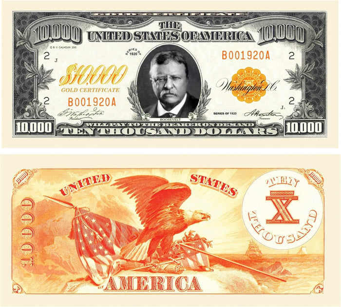 The 10 - $10,000.00 Ten Thousand Dollar Gold Certificate Novelty Bill Play Money, showcasing a historical portrait on the front and an eagle design on the reverse, captures the charm of bygone eras and serves as a unique novelty item.