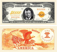 A front and back design of the vintage $10,000 U.S. gold certificate dollar is showcased in the 1000 - $10,000.00 Ten Thousand Dollar Gold Certificate Novelty Bill Play Money product, featuring a portrait of Salmon P. Chase and an eagle illustration. Ideal as novelty money bills or unique party favor gifts for history enthusiasts and collectors alike.