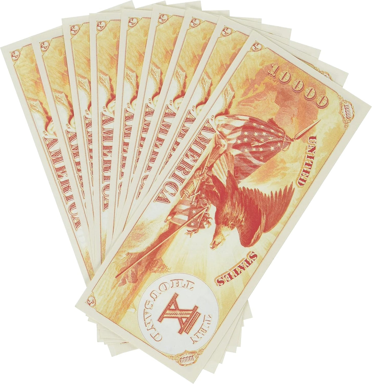 This novelty play money bill, designed to resemble a $10,000 gold certificate and featuring patriotic details like an eagle and the American flag, makes for a perfect party favor gift that adds a unique touch to any gathering.