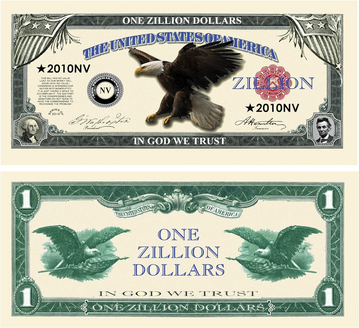 10 TOTAL - Zillion Dollar Eagle Money Bills Party Novelty Fake Casino Poker