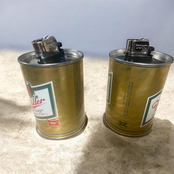 2 Vintage Miller Lite &amp; High Life Beer Tabletop Miniatura Metal Can Lighter Set