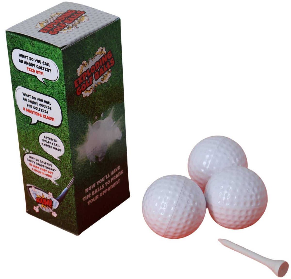 3 Exploding Golf Balls & Tee ~ Explodes into Smoke Cloud ~  Gag Prank Joke Trick