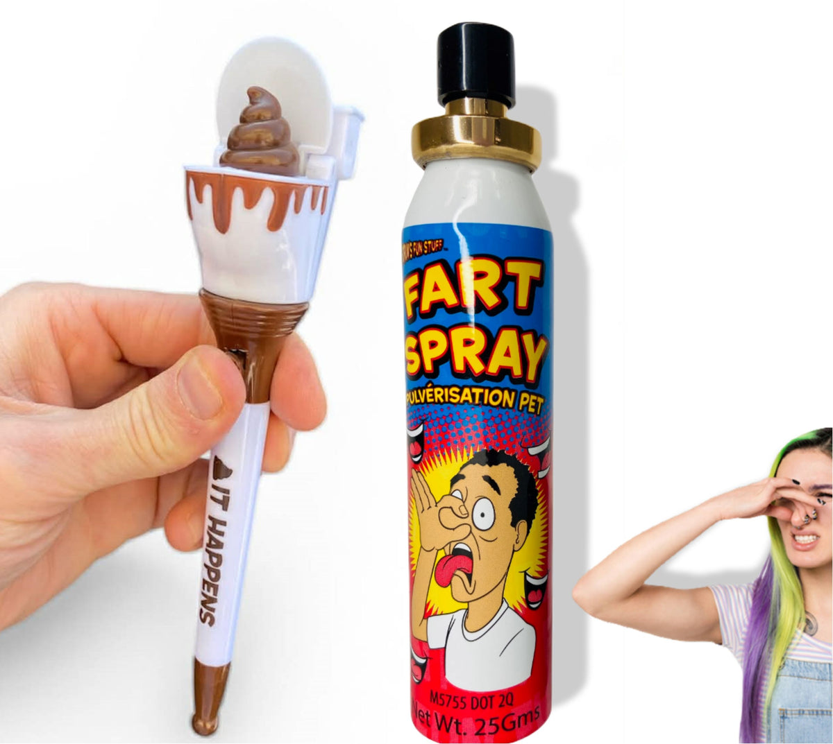 Fart Spray Can + Toilet Bowl Poop Turd Pen - Funny GaG Joke Prank Stink Set