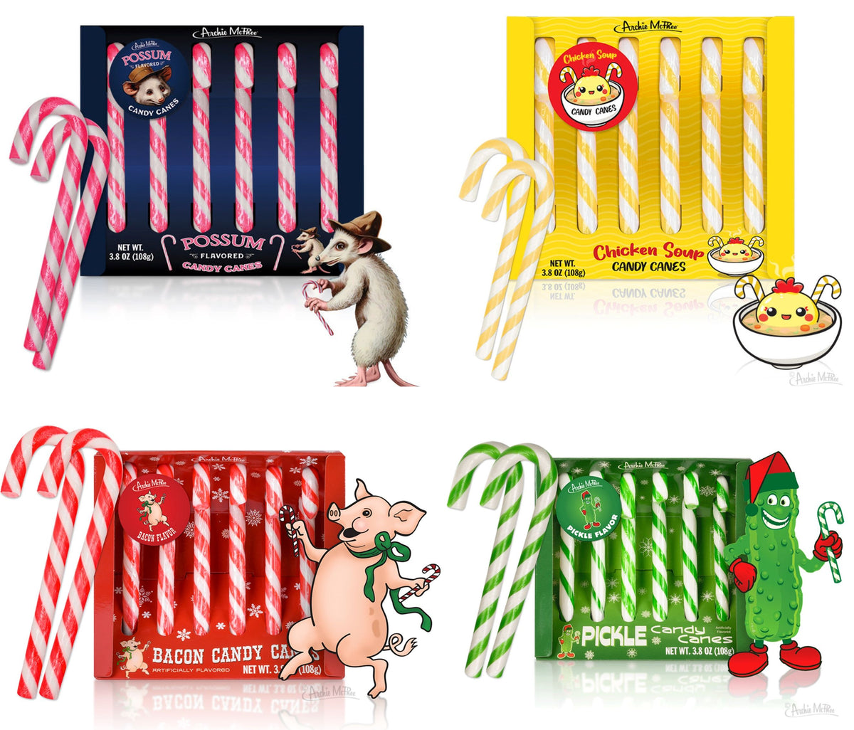 4 BOX SET Bacon Mac & Cheese Pickle Possum Flavored Candy Canes - Archie McPhee