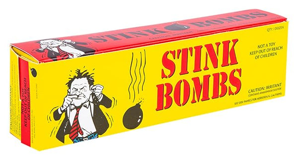 The 36 Stink Bombs – Super Smelly Gag Prank (12 Boxes of 3) feature a cartoon of a distressed man holding his nose and a child safety warning—ideal for prank kits or stocking up on funny joke supplies.