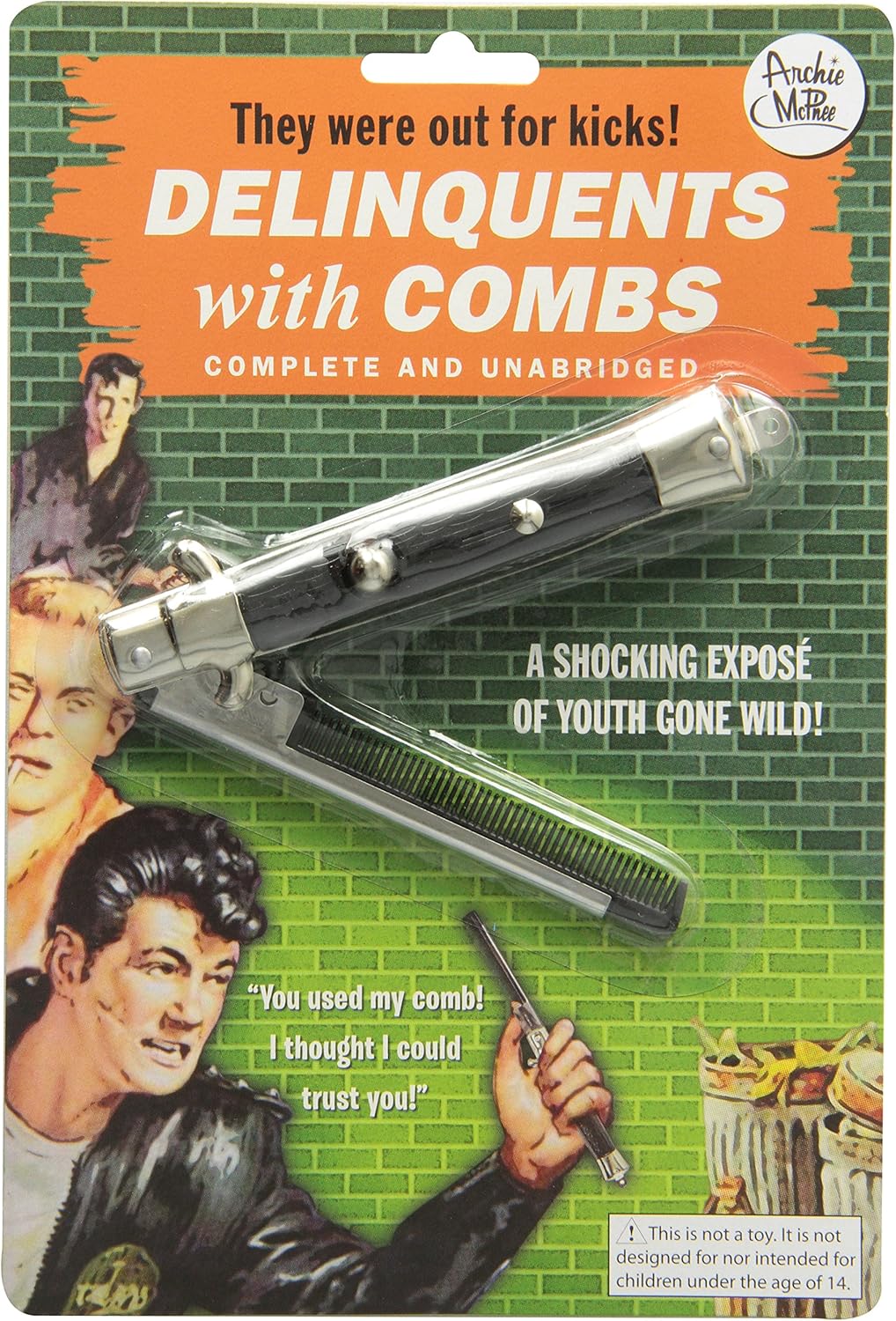 Retro-style packaging of the Archie McPhee "Switchblade Comb," a 50's greaser folding comb costume prop, evokes the era with text exclaiming, "A shocking exposé of youth gone wild!" and "You used my comb!" Ideal for fans of 1950's Teenage Pulp Fiction or those channeling their inner Fonz.