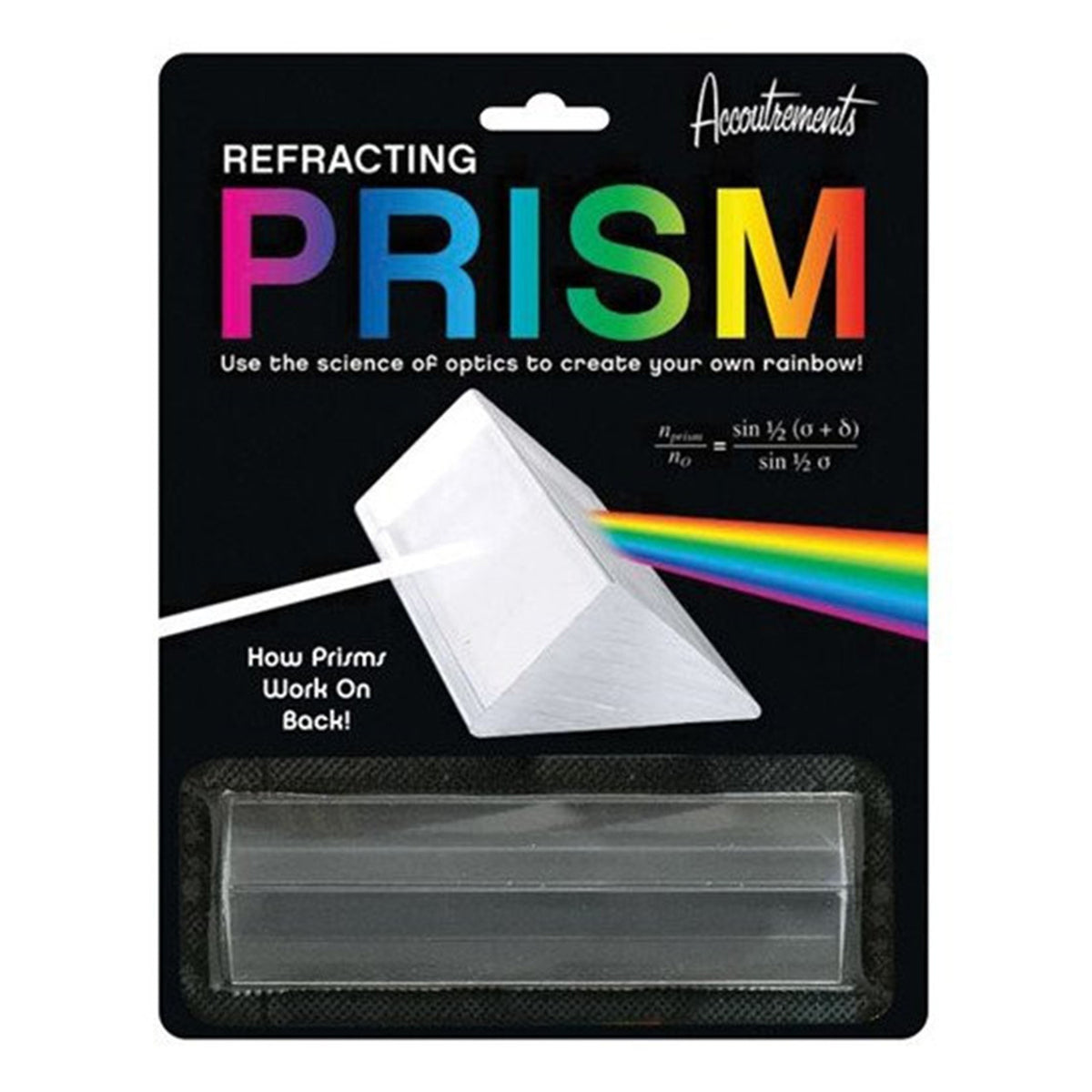 The packaging for Archie McPhee's PRISM - Fun Educational Science Rainbow Light of Colors showcases a modern white prism illustration contrasted with a splash of vibrant rainbow hues. The accompanying text invites you to "Harness the science of optics to create your own vibrant rainbow!