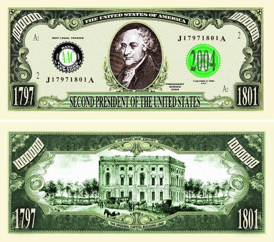 10 TOTAL - John Adams Million Dollar Money Novelty Party Play Collectible Bills