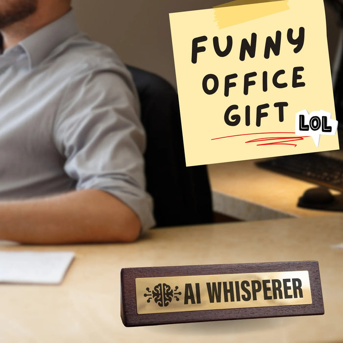 🤖 AI Whisperer 🧠 Wooden Desk Sign w/ Gold Plaque 💡 Funny Office Tech Gag Gift