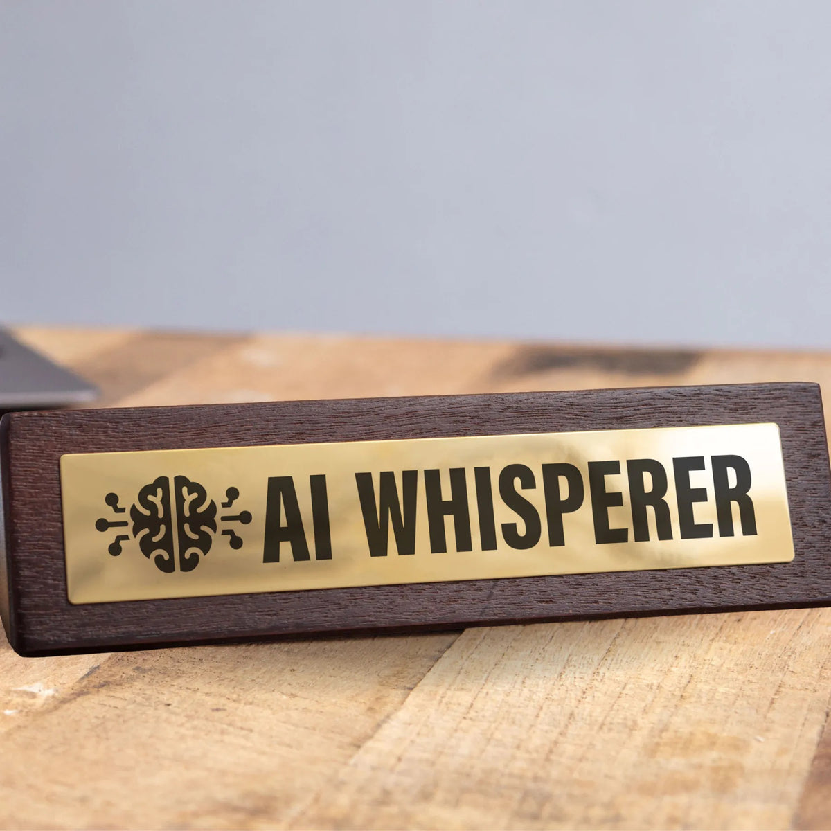 🤖 AI Whisperer 🧠 Wooden Desk Sign w/ Gold Plaque 💡 Funny Office Tech Gag Gift