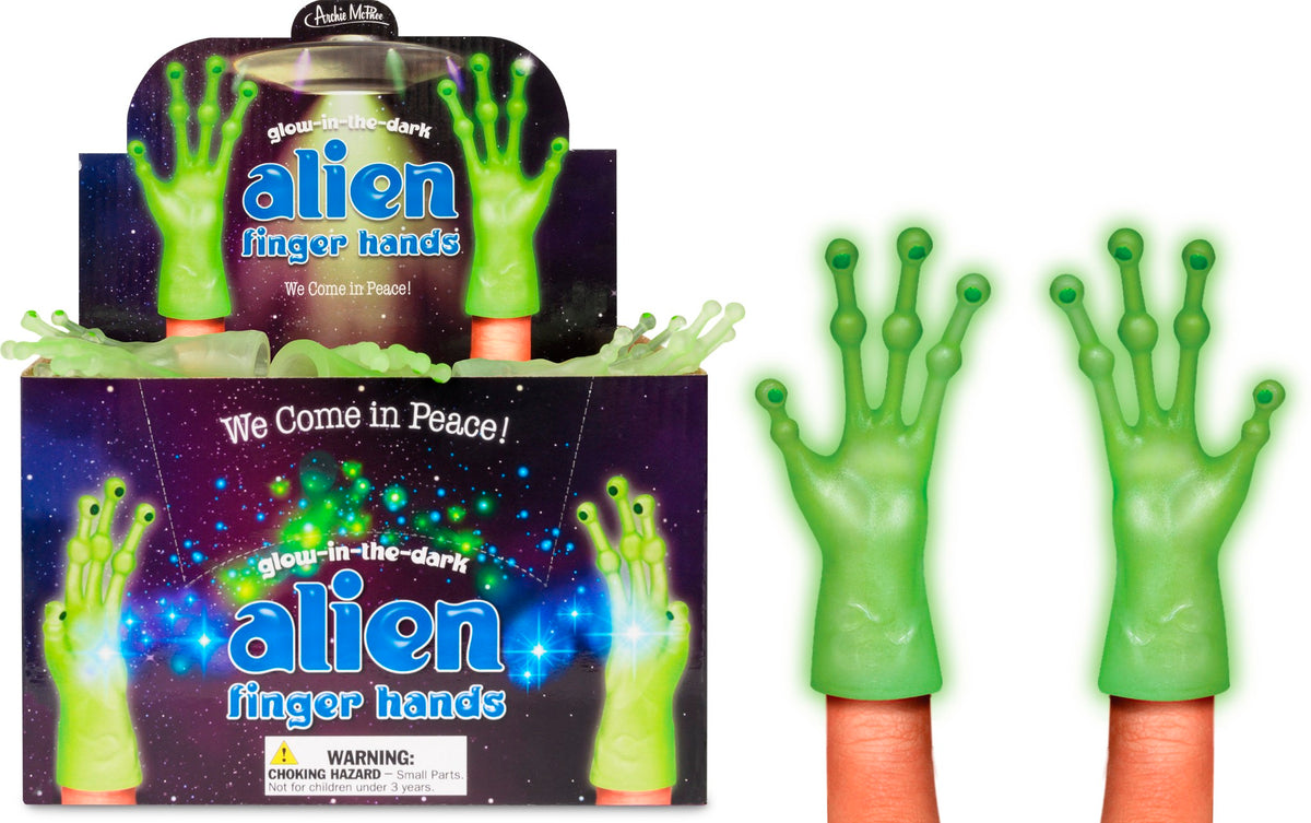 Glow-in-the-Dark Alien Finger Hand (Set of 2) UFO Puppet Toys - Archie McPhee