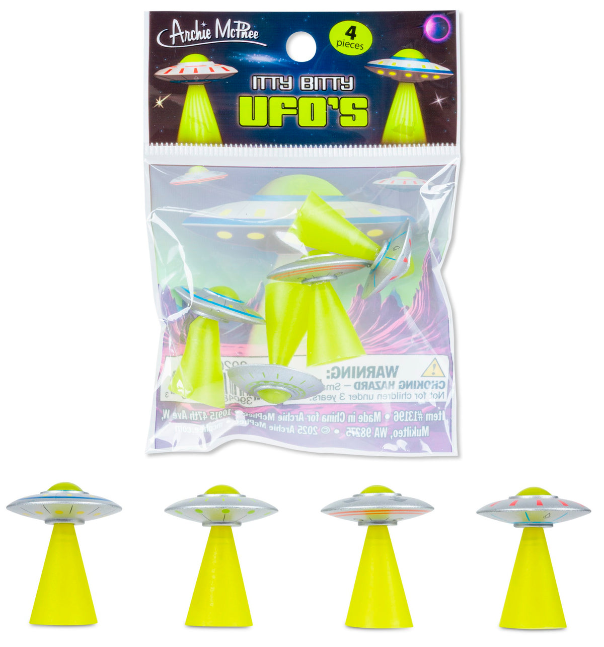 🛸 Itty Bitty UFOs 4pc Mini Set Soft Vinyl Flying Saucers Alien - Archie McPhee
