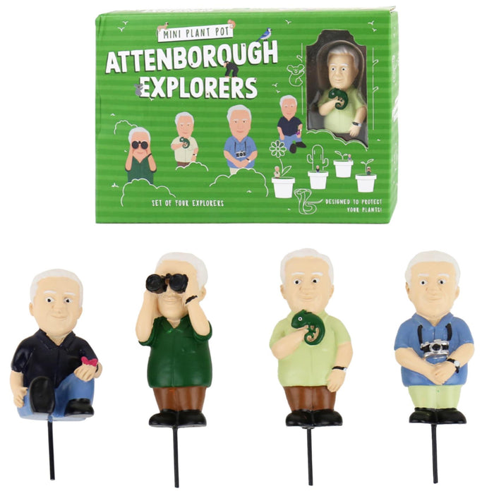 4-pk Mini Attenborough Explorers Planter Figurine Markers - Plant Pot Decorations