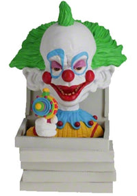 The Killer Klowns 🤡 Shorty in Pizza Box Bobblehead Statue Figure by Royal Bobbles features a vibrant clown with green hair and bold makeup, inspired by Killer Klowns from Outer Space, emerging from a white pizza box.