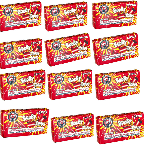 Twelve 12-PACK - BOOBY TRAP STRINGS 💥💣 Funny Classic Joke Gag Pranks boxes are arranged in a grid on a white background.