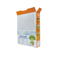 The 🥦 Prank Cereal Box – Broccoli Buddies Gag Gift Box | Funny Joke Prank Present🎁 shows a large word search puzzle on the back with a cartoon broccoli holding a test tube, “Additive Hunt,” and ingredient list—a hilarious gag gift!.