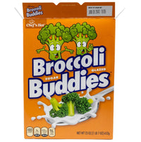 🥦 Prank Cereal Box – Broccoli Buddies Gag Gift Box features cartoon broccoli, broccoli pieces, and splashing milk; best by June 8, 2043. A hilarious joke present or prank cereal box for friends and family!.