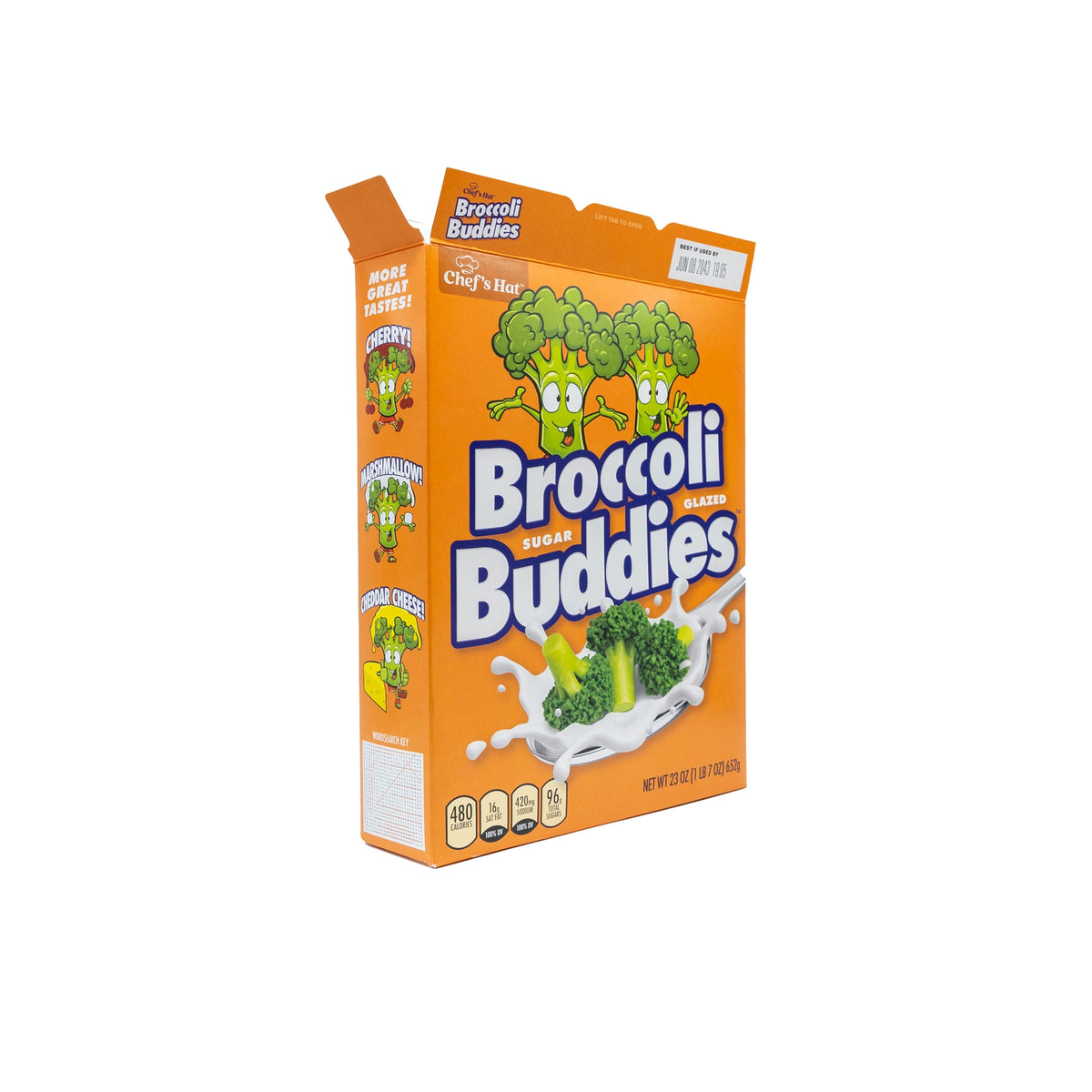 The 🥦 Prank Cereal Box – Broccoli Buddies Gag Gift Box features cartoon broccoli characters and broccoli in milk, making it a hilarious joke present.