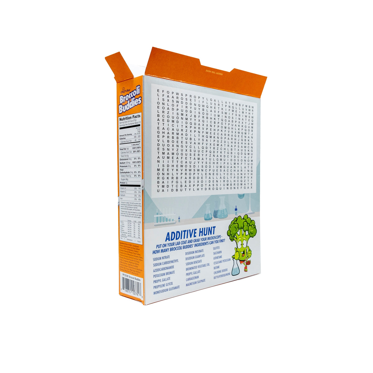 The 🥦 Prank Cereal Box – Broccoli Buddies Gag Gift Box features an orange design with a word search and cartoon broccoli on the back, labeled "Additive Hunt," and nutrition facts—an ideal funny joke prank present.