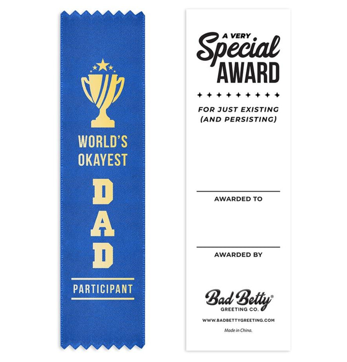 🏆“World's OKAYEST Dad Participant” 😂 Funny Award Trophy Ribbon 🎁 Gag Prize