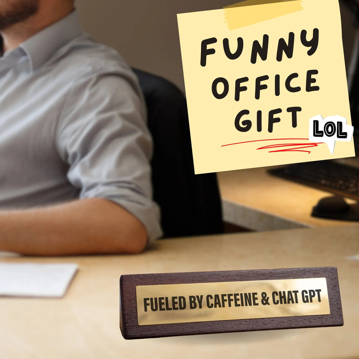 ☕ Fueled By Caffeine & ChatGPT Wooden Desk Sign 💡 Funny Home Office Gag Gift