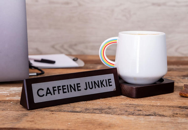 Wooden Desk Sign "Caffeine Junkie" Office Gift with Coffee Tea Mug Cup Holder