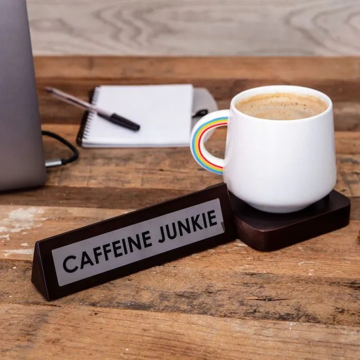 Wooden Desk Sign "Caffeine Junkie" Office Gift with Coffee Tea Mug Cup Holder