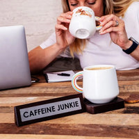 Wooden Desk Sign "Caffeine Junkie" Office Gift with Coffee Tea Mug Cup Holder